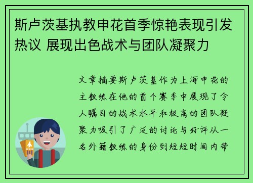 斯卢茨基执教申花首季惊艳表现引发热议 展现出色战术与团队凝聚力